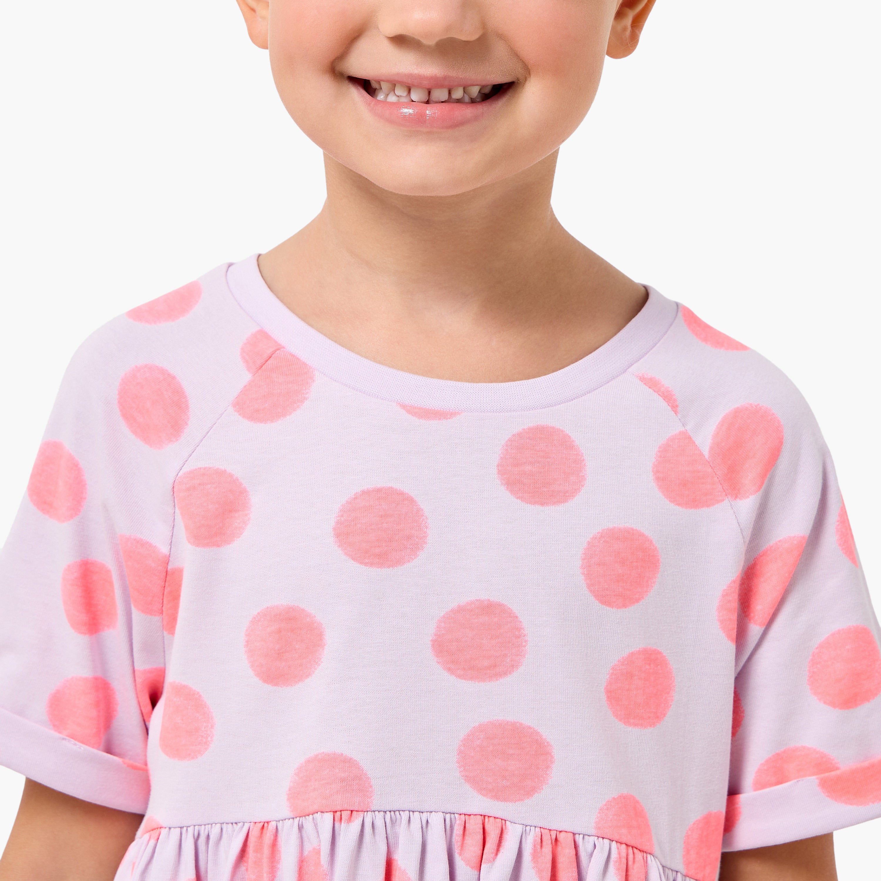 Juniors Round Neck Short Sleeves Knee Length A-line Dress with Polka Dot Print
