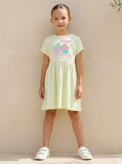 Juniors Round Neck Short Sleeves Knee Length A-line Dress with Cupcake Print-girls-clothing-dressesandjumpsuits-image-1