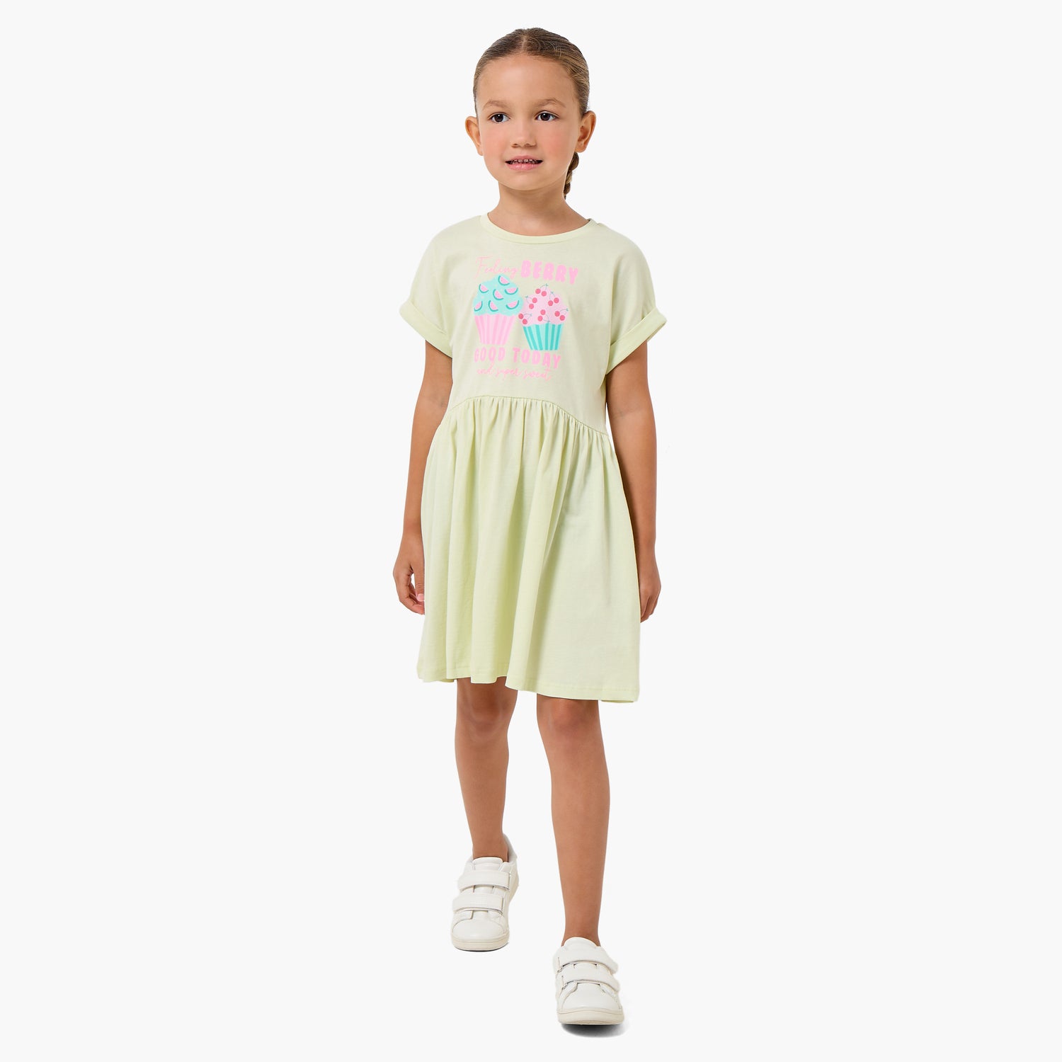 Juniors Round Neck Short Sleeves Knee Length A-line Dress with Cupcake Print