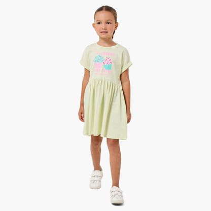 Juniors Round Neck Short Sleeves Knee Length A-line Dress with Cupcake Print