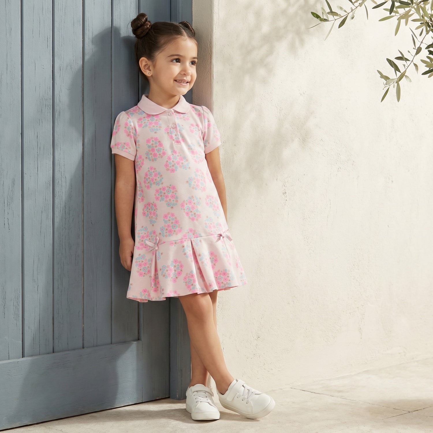 Juniors Peter Pan Collar Short Sleeves Polo Dress with Floral Print - Pink / 3-4 yrs