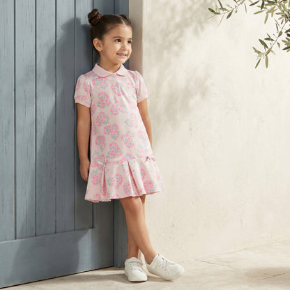 Juniors Peter Pan Collar Short Sleeves Polo Dress with Floral Print - Pink / 3-4 yrs