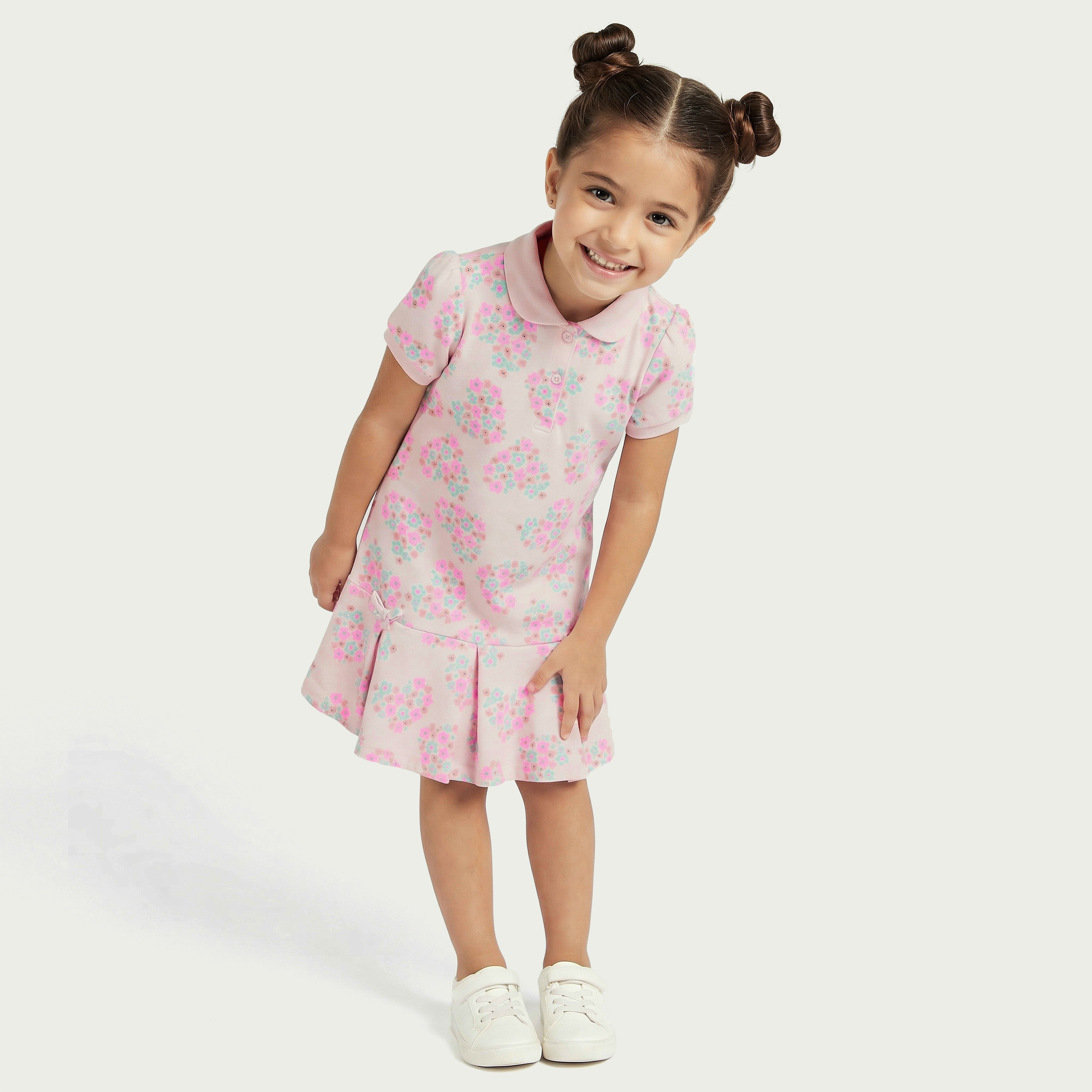 Juniors Peter Pan Collar Short Sleeves Polo Dress with Floral Print