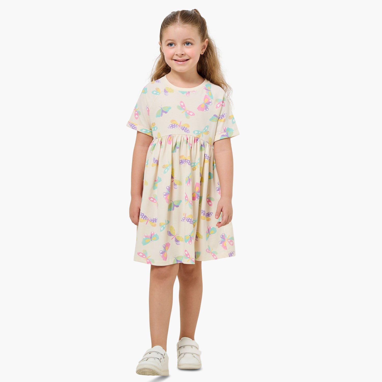 Juniors Round Neck Short Sleeves Knee Length A-line Dress with Butterfly Print