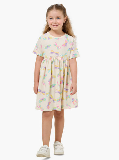 Juniors Round Neck Short Sleeves Knee Length A-line Dress with Butterfly Print-girls-clothing-dressesandjumpsuits-image-2