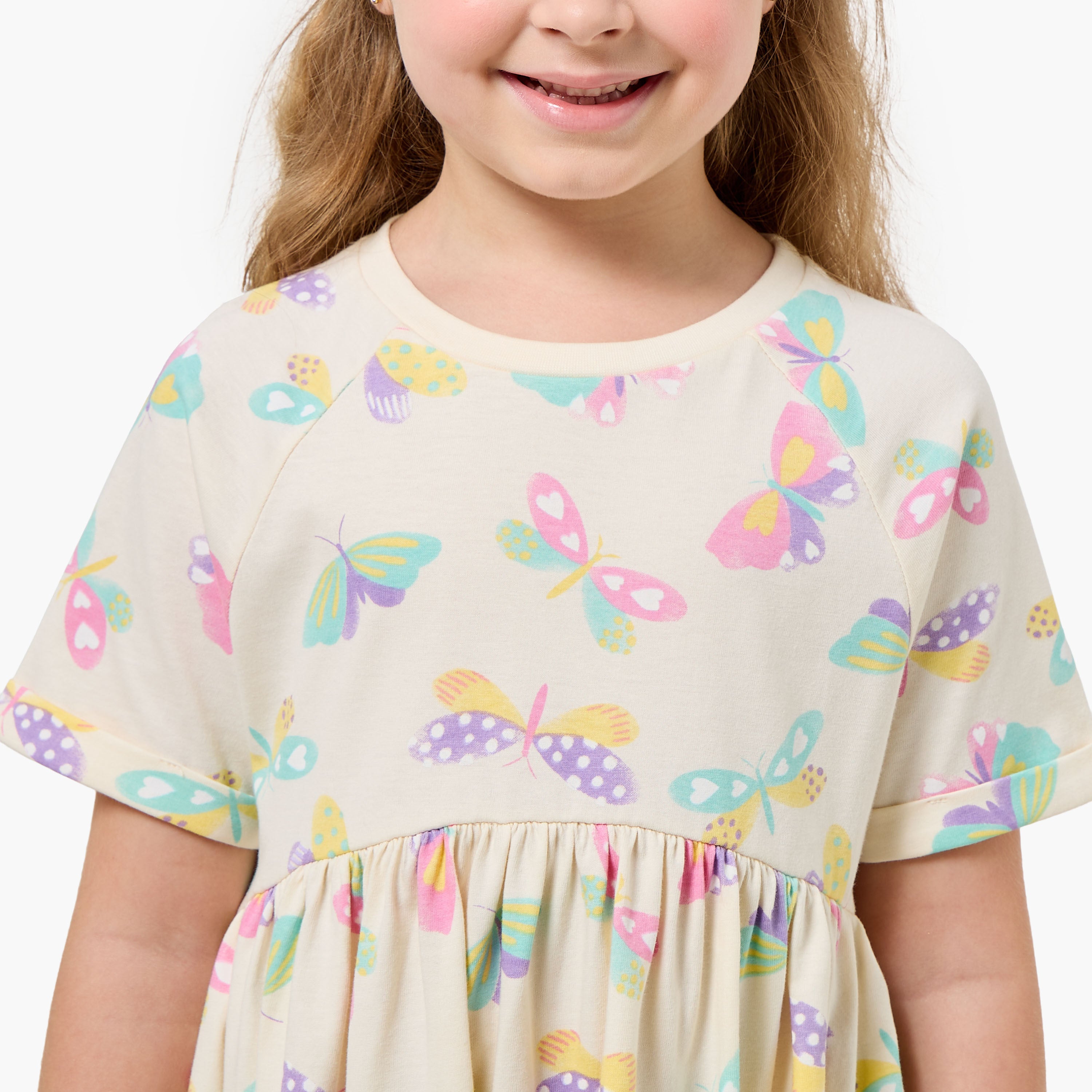 Juniors Round Neck Short Sleeves Knee Length A-line Dress with Butterfly Print
