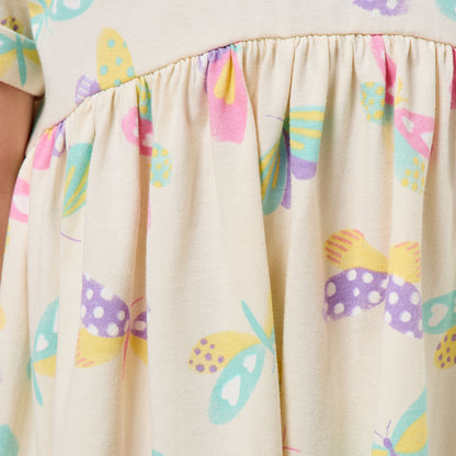 Juniors Round Neck Short Sleeves Knee Length A-line Dress with Butterfly Print