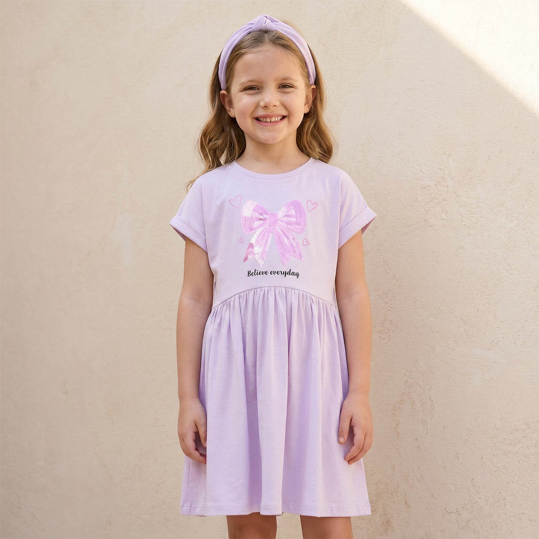 Juniors Round Neck Short Sleeves Knee Length A-line Dress with Bow Print - Purple / 1-2 yrs