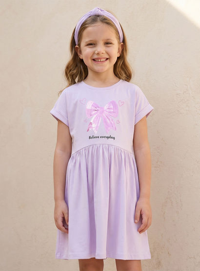 Juniors Round Neck Short Sleeves Knee Length A-line Dress with Bow Print-girls-clothing-dressesandjumpsuits-image-1