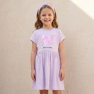 Juniors Round Neck Short Sleeves Knee Length A-line Dress with Bow Print-undefined-image-1
