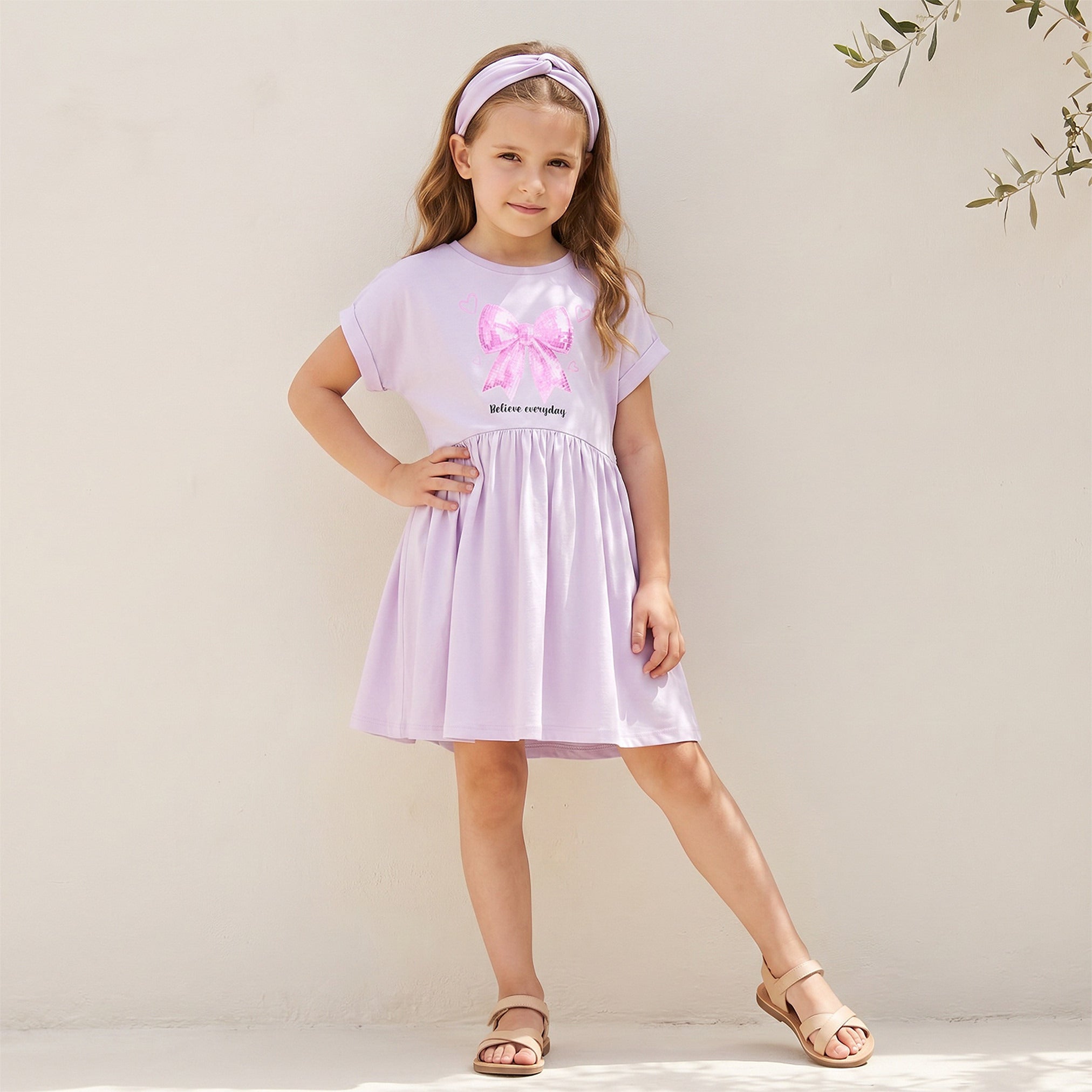Juniors Round Neck Short Sleeves Knee Length A-line Dress with Bow Print