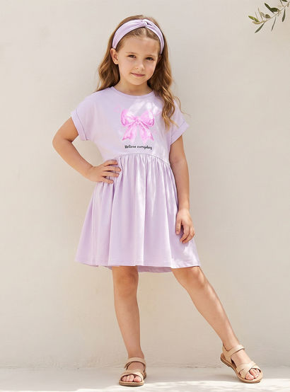Juniors Round Neck Short Sleeves Knee Length A-line Dress with Bow Print-girls-clothing-dressesandjumpsuits-image-2