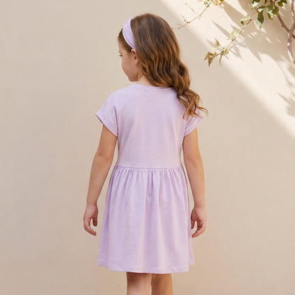 Juniors Round Neck Short Sleeves Knee Length A-line Dress with Bow Print