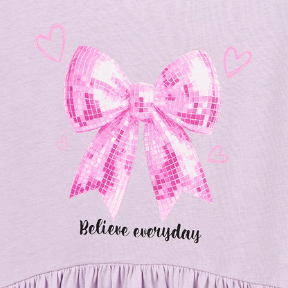 Juniors Round Neck Short Sleeves Knee Length A-line Dress with Bow Print