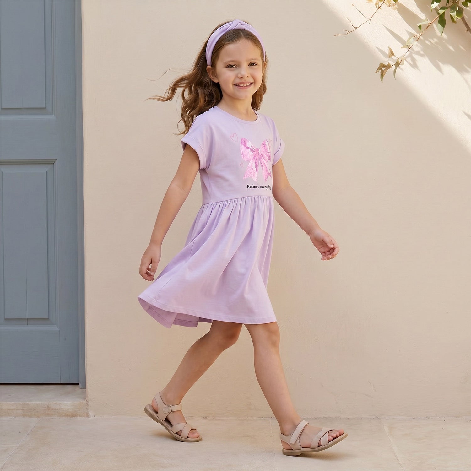 Juniors Round Neck Short Sleeves Knee Length A-line Dress with Bow Print