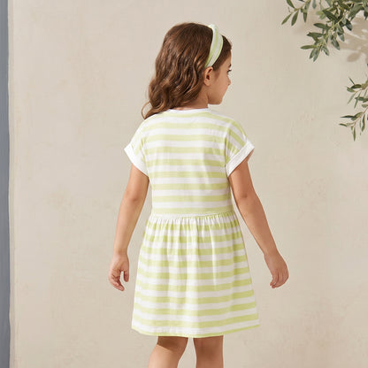 Juniors Crew Neck Short Sleeves Knee Length A-line Dress with Stripes