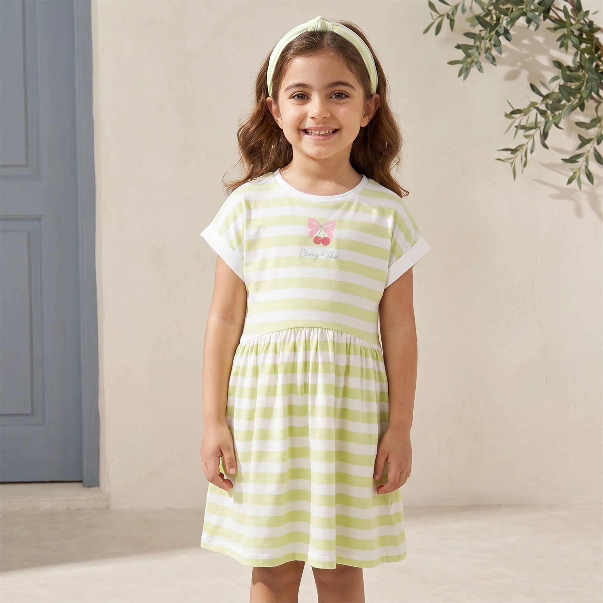 Juniors Crew Neck Short Sleeves Knee Length A-line Dress with Stripes
