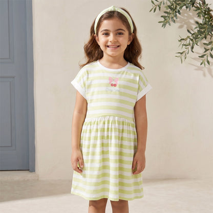 Juniors Crew Neck Short Sleeves Knee Length A-line Dress with Stripes