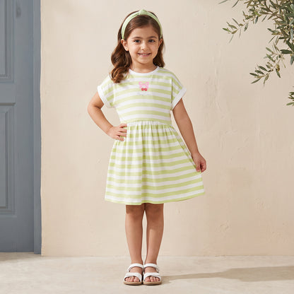 Juniors Crew Neck Short Sleeves Knee Length A-line Dress with Stripes