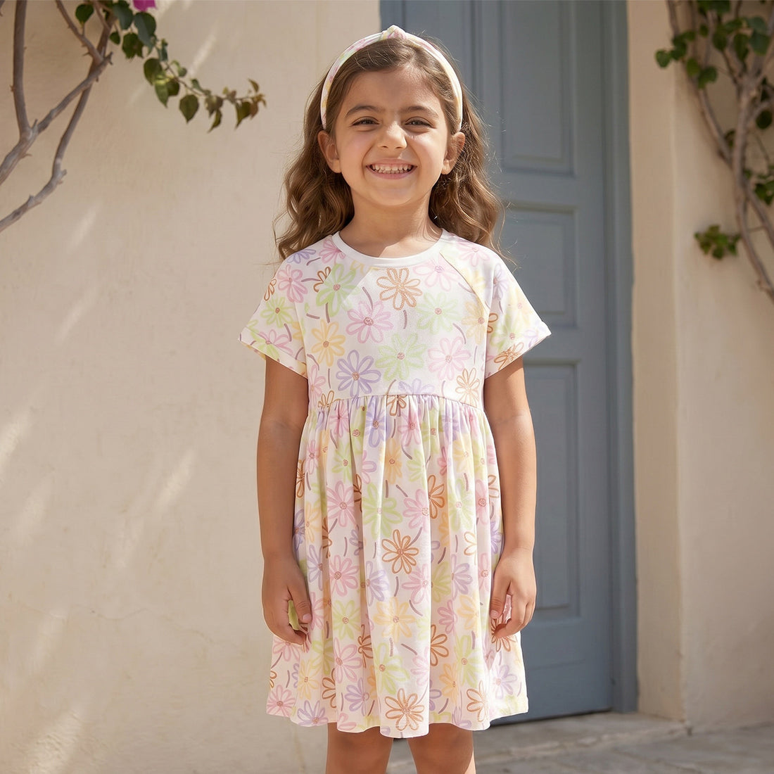 Juniors Round Neck Short Sleeves Knee Length A-line Dress with Floral Print - White / 1-2 yrs
