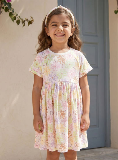 Juniors Round Neck Short Sleeves Knee Length A-line Dress with Floral Print-girls-clothing-dressesandjumpsuits-image-1