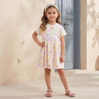 Juniors Round Neck Short Sleeves Knee Length A-line Dress with Floral Print