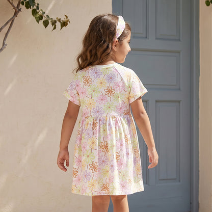 Juniors Round Neck Short Sleeves Knee Length A-line Dress with Floral Print