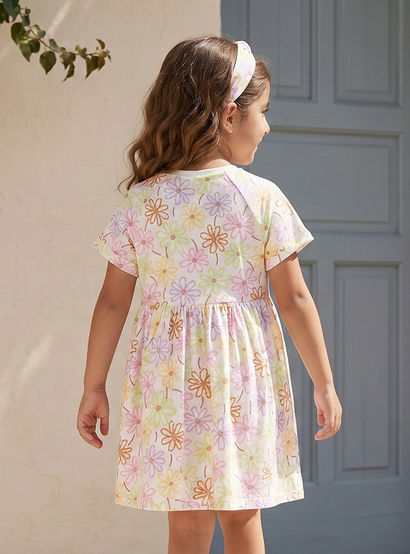Juniors Round Neck Short Sleeves Knee Length A-line Dress with Floral Print-girls-clothing-dressesandjumpsuits-image-3