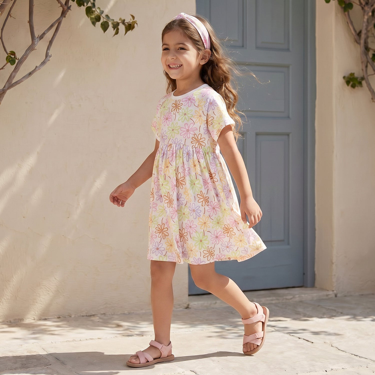 Juniors Round Neck Short Sleeves Knee Length A-line Dress with Floral Print