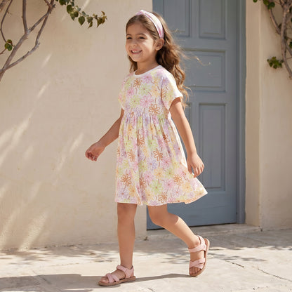 Juniors Round Neck Short Sleeves Knee Length A-line Dress with Floral Print