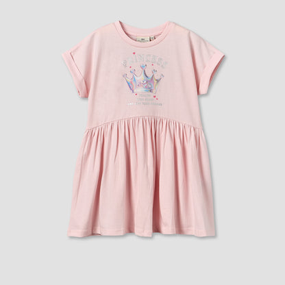Juniors Round Neck Short Sleeves Knee Length A-Line Dress with Graphic Print - Pink / 1-2 yrs