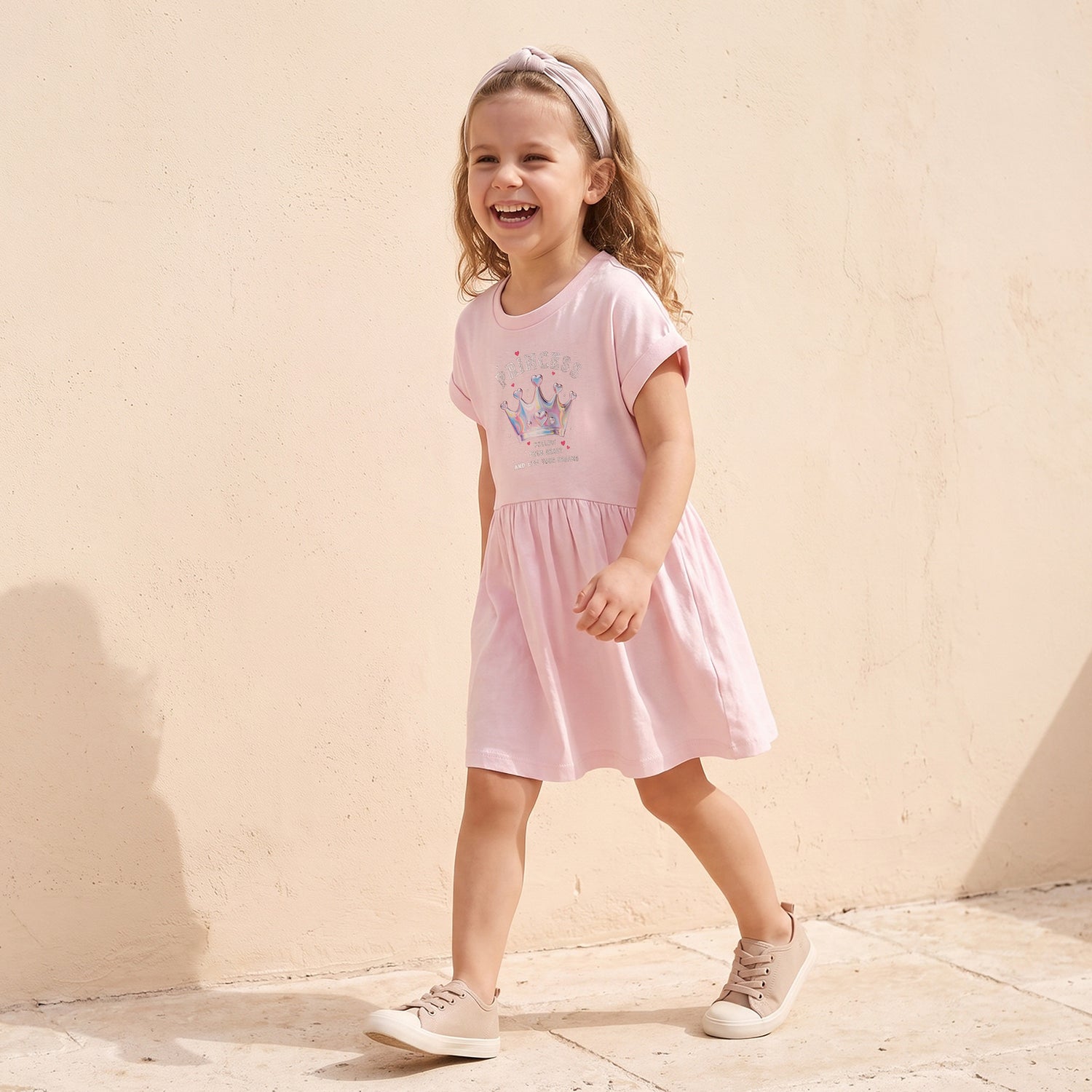 Juniors Round Neck Short Sleeves Knee Length A-Line Dress with Graphic Print