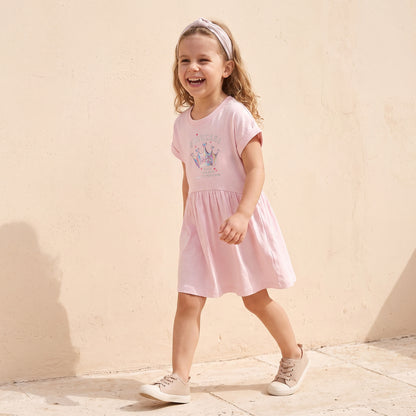 Juniors Round Neck Short Sleeves Knee Length A-Line Dress with Graphic Print