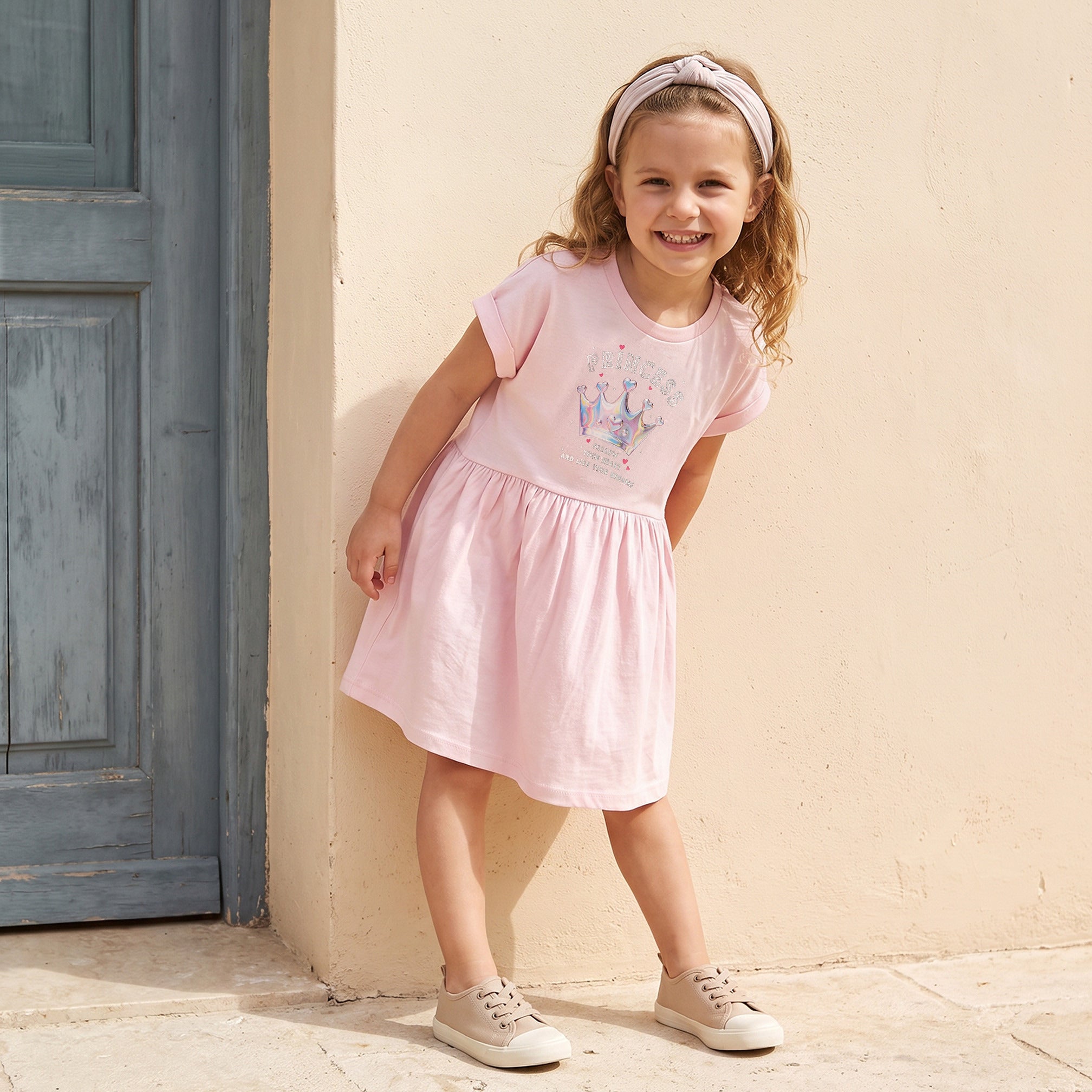 Juniors Round Neck Short Sleeves Knee Length A-Line Dress with Graphic Print