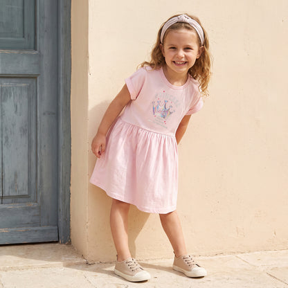 Juniors Round Neck Short Sleeves Knee Length A-Line Dress with Graphic Print