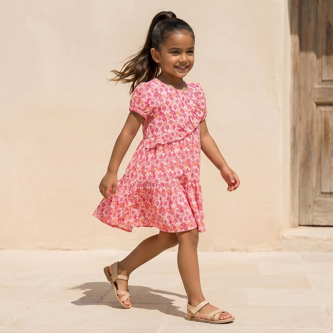 Juniors Round Neck Short Sleeves Knee Length A-line Dress with Floral Print - Multicolour / 6-7 yrs