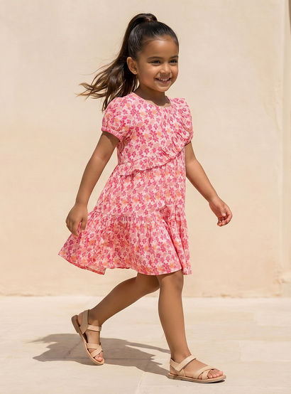 Juniors Round Neck Short Sleeves Knee Length A-line Dress with Floral Print-girls-clothing-dressesandjumpsuits-image-1
