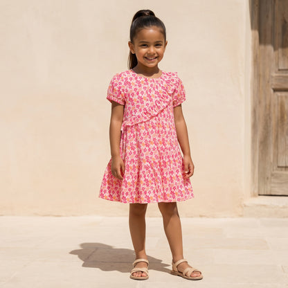 Juniors Round Neck Short Sleeves Knee Length A-line Dress with Floral Print