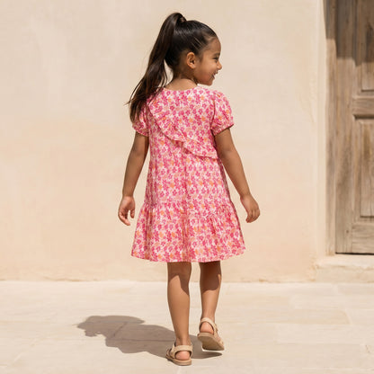 Juniors Round Neck Short Sleeves Knee Length A-line Dress with Floral Print