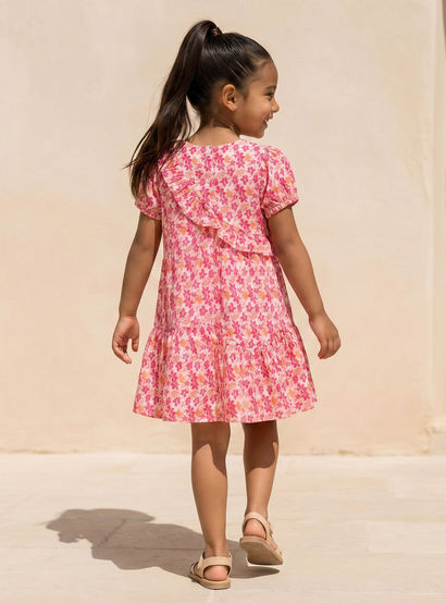 Juniors Round Neck Short Sleeves Knee Length A-line Dress with Floral Print-girls-clothing-dressesandjumpsuits-image-3