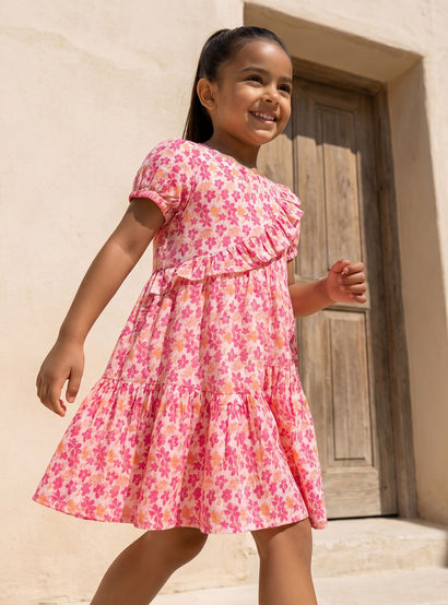 Juniors Round Neck Short Sleeves Knee Length A-line Dress with Floral Print-girls-clothing-dressesandjumpsuits-image-5