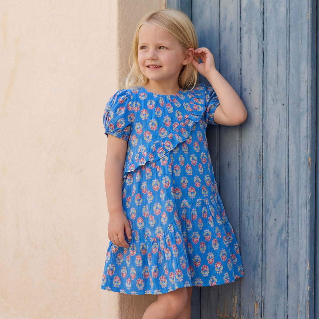 Juniors Round Neck Short Sleeves Knee Length A-Line Dress with Floral Print - Blue / 2-3 yrs