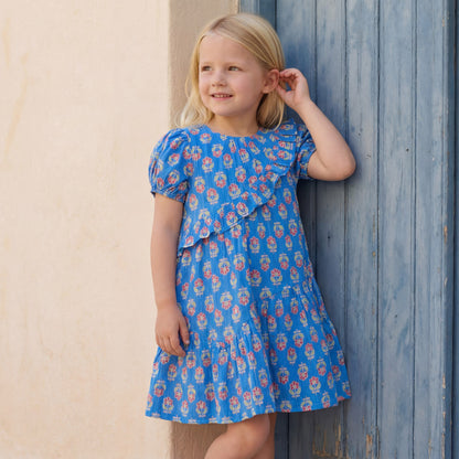 Juniors Round Neck Short Sleeves Knee Length A-Line Dress with Floral Print - Blue / 2-3 yrs