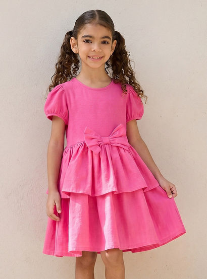 Juniors Round Neck Short Sleeve Dress with Bow Accent-girls-clothing-dressesandjumpsuits-image-1