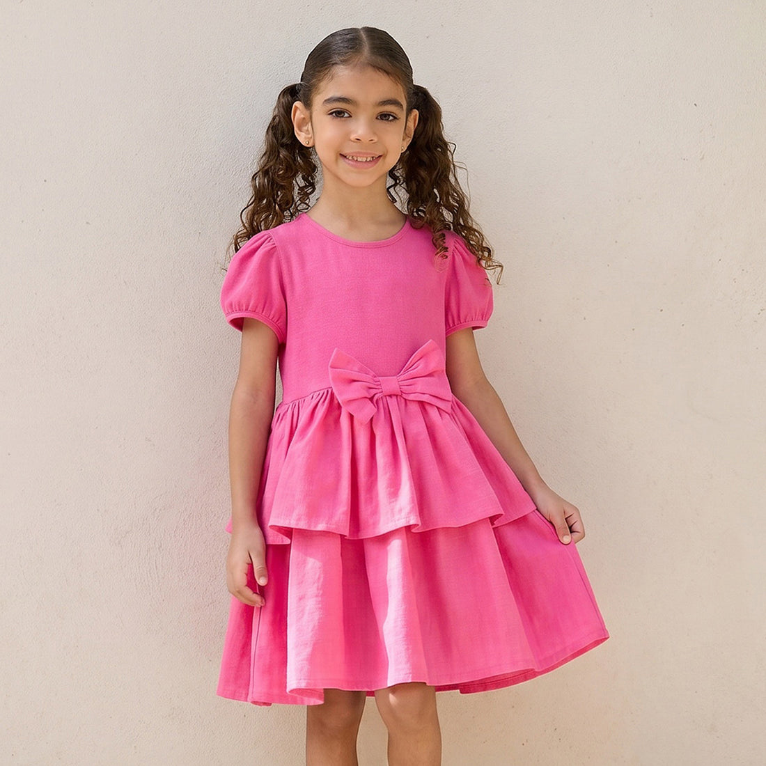 Juniors Round Neck Short Sleeve Dress with Bow Accent - Pink / 6-7 yrs