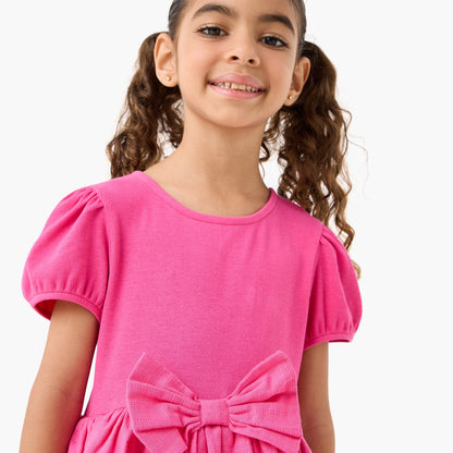 Juniors Round Neck Short Sleeve Dress with Bow Accent