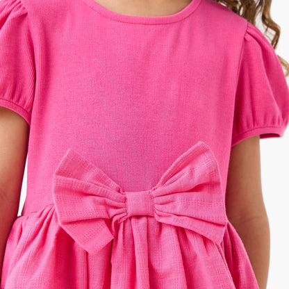 Juniors Round Neck Short Sleeve Dress with Bow Accent