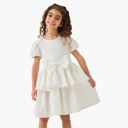 Juniors Round Neck Short Sleeve Dress with Bow Accent - White / 1-2 yrs