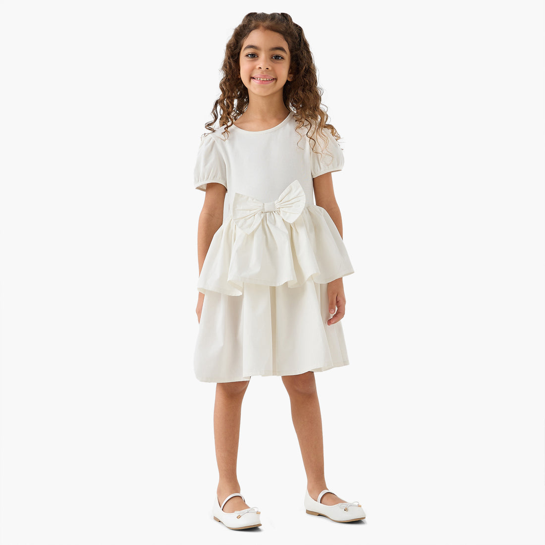 Juniors Round Neck Short Sleeve Dress with Bow Accent