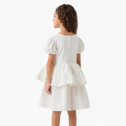 Juniors Round Neck Short Sleeve Dress with Bow Accent